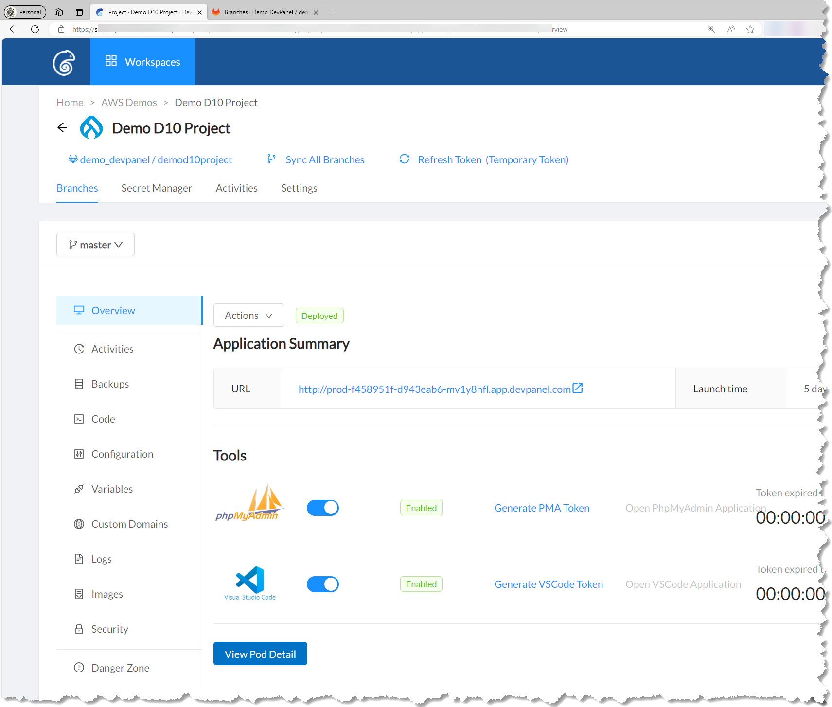 DevPanel Dashboard to manage and scale your cloud applications and websites.