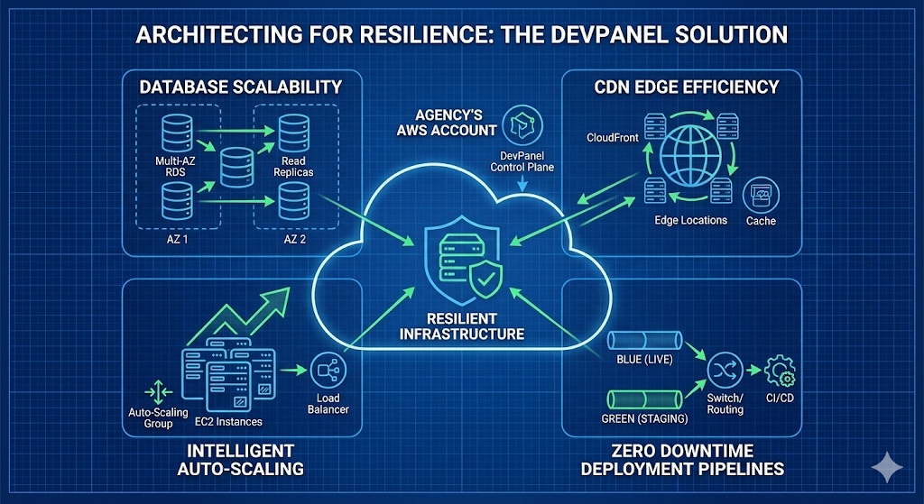A technical diagram on a blue blueprint background titled "ARCHITECTING FOR RESILIENCE: THE DEVPANEL SOLUTION". The central element is a cloud icon labeled "AGENCY'S AWS ACCOUNT" containing a shield with "RESILIENT INFRASTRUCTURE". An arrow from "DevPanel Control Plane" points into this cloud. Surrounding the central cloud are four connected sections: top left, "DATABASE SCALABILITY" shows "Multi-AZ RDS" and "Read Replicas" distributed across "AZ 1" and "AZ 2"; top right, "CDN EDGE EFFICIENCY" illustrates "CloudFront", "Edge Locations", and "Cache" around a globe; bottom left, "INTELLIGENT AUTO-SCALING" depicts an "Auto-Scaling Group" with "EC2 Instances" and a "Load Balancer" with an upward trend arrow; and bottom right, "ZERO DOWNTIME DEPLOYMENT PIPELINES" shows parallel "BLUE (LIVE)" and "GREEN (STAGING)" pipelines feeding into "Switch/Routing" and "CI/CD". All four sections have arrows pointing towards the central "RESILIENT INFRASTRUCTURE" shield. The overall style is a glowing blue and green technical schematic.