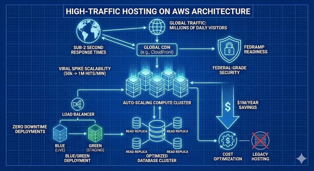 A technical architecture diagram on a blueprint background titled "HIGH-TRAFFIC HOSTING ON AWS ARCHITECTURE." It illustrates global traffic flowing through a Global CDN for sub-2 second response times, leading to an auto-scaling compute cluster that handles viral spikes from 50k to 1M hits/min. This cluster connects to an optimized database cluster with read replicas. The diagram also highlights zero downtime deployments using a Blue/Green setup via a load balancer, Federal-Grade Security with FedRAMP readiness, and a transition from legacy hosting to cost optimization resulting in $1M/year savings.