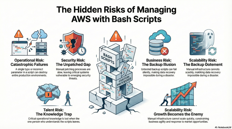 The hidden risks of managing AWS infrastructure with custom Bash scripts, including operational, security, scalability, and business continuity failures.