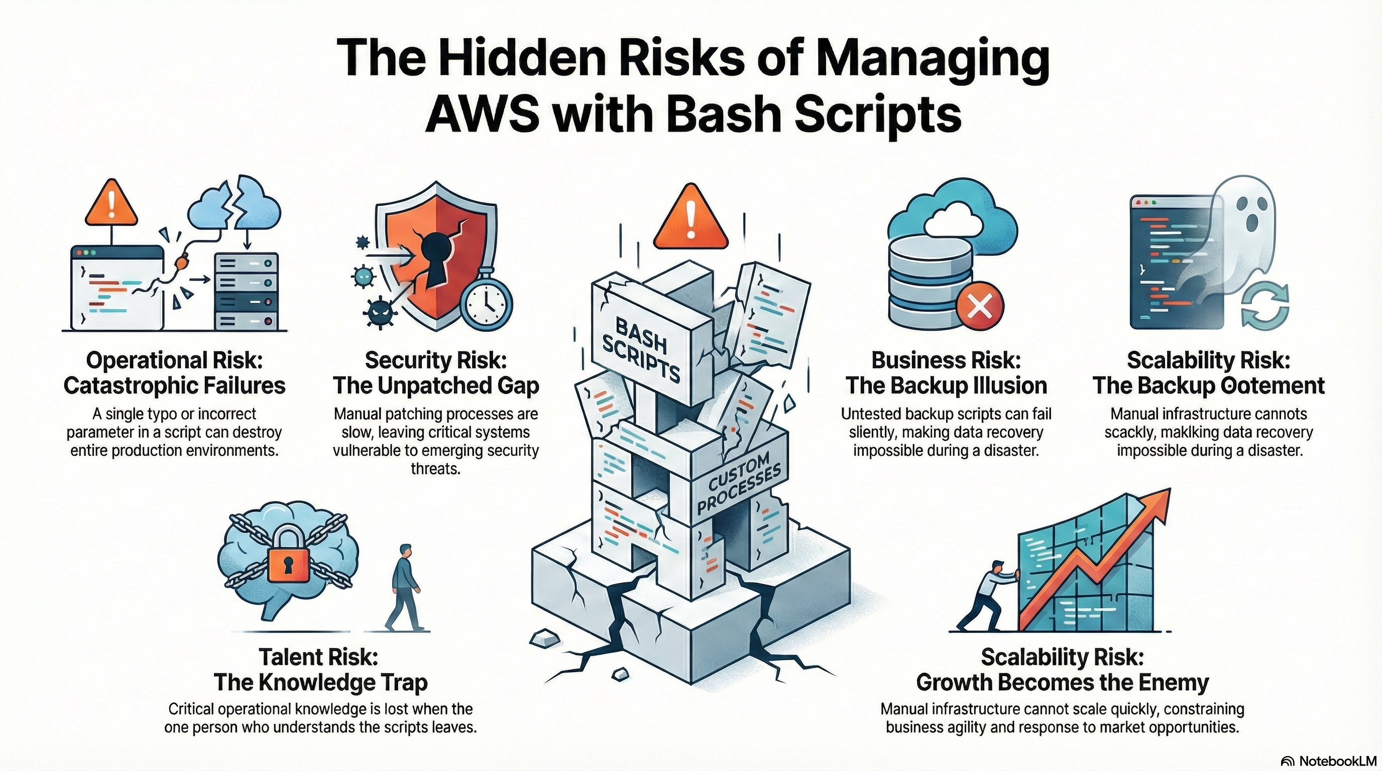 The hidden risks of managing AWS infrastructure with custom Bash scripts, including operational, security, scalability, and business continuity failures.