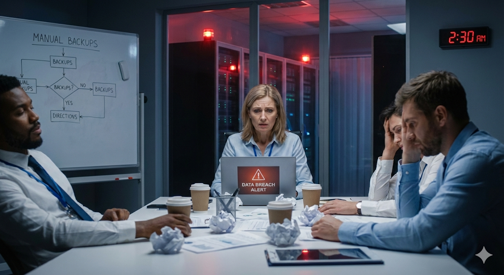 An exhausted team in a late-night crisis meeting with a "DATA BREACH ALERT" on screen, representing the hidden risks and high costs of relying on fragile DIY Cloud Infrastructure and manual scripts.