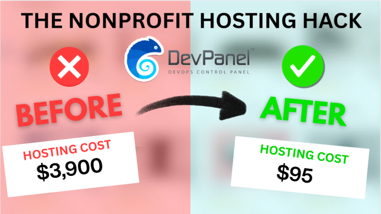 Nonprofit hosting cost comparison graphic showing a reduction from $3,900 to $95 using a new cloud hosting setup, with a before/after design and the DevPanel logo.