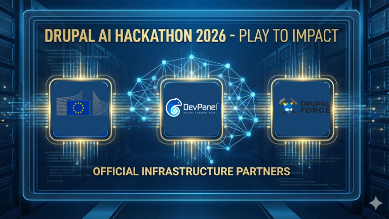 A digital illustration for the European Commission Drupal AI Hackathon 2026, featuring the European Union emblem alongside the DevPanel and DrupalForge logos to announce their selection as the official infrastructure tools for the "Play to Impact" event.