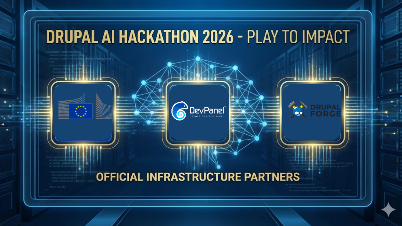 A digital illustration for the European Commission Drupal AI Hackathon 2026, featuring the European Union emblem alongside the DevPanel and DrupalForge logos to announce their selection as the official infrastructure tools for the "Play to Impact" event.