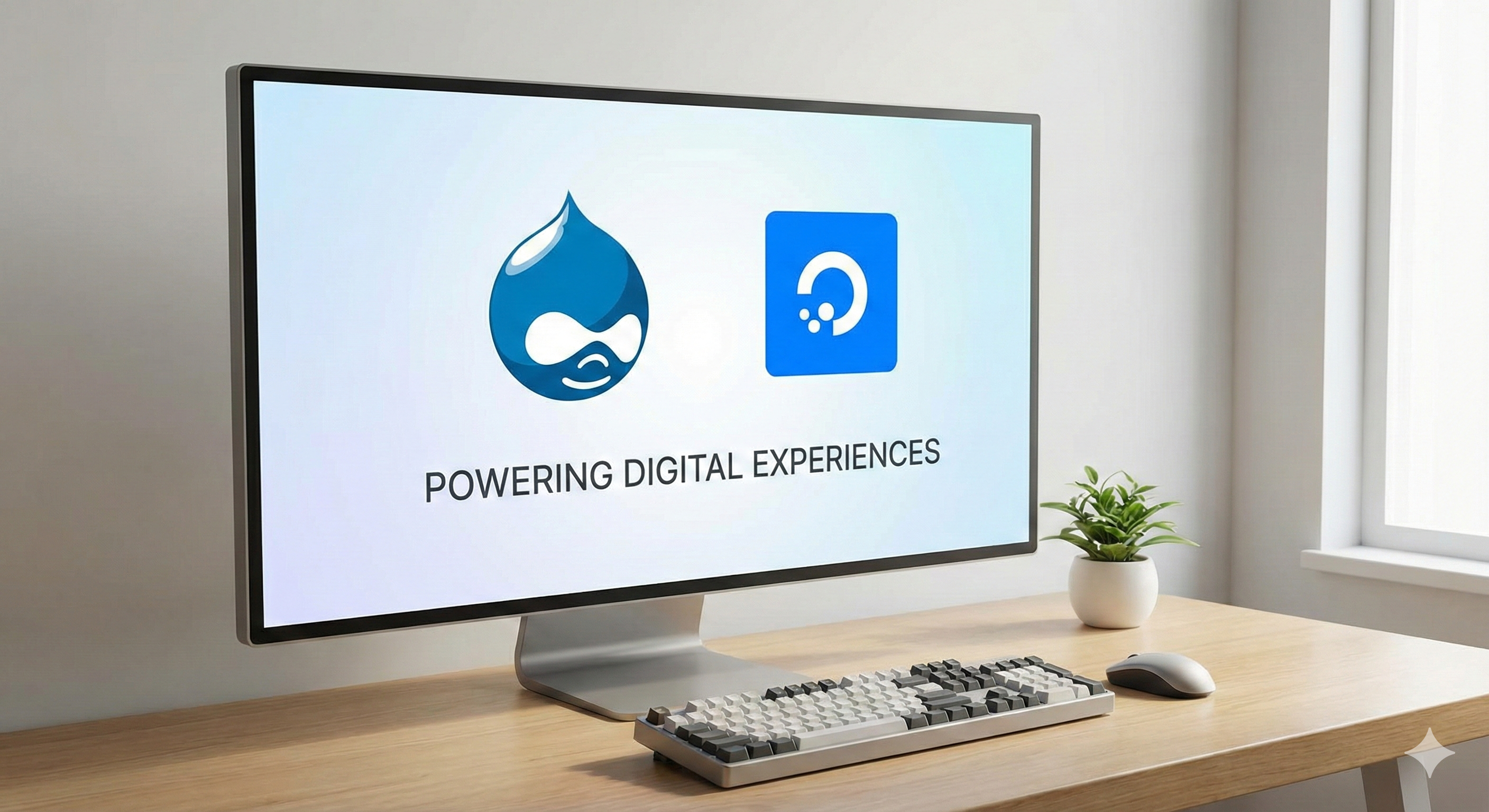 The Drupal drop logo next to the DigitalOcean logo displayed on a clean monitor screen with the text "Powering Digital Experiences" underneath.