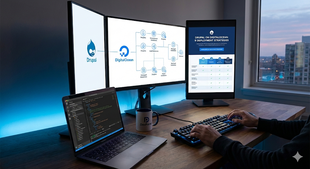 Chart comparing 9 deployment strategies for hosting Drupal on DigitalOcean, from manual setups to automated platforms.
