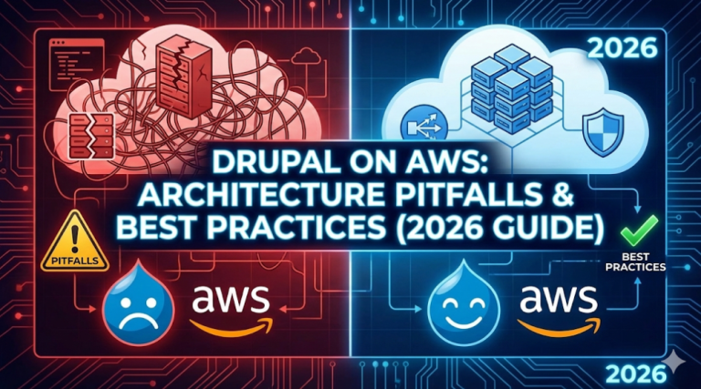 Here is the alt text for the image, optimized for both accessibility and SEO: ``` Infographic titled "DRUPAL ON AWS: ARCHITECTURE PITFALLS & BEST PRACTICES (2026 GUIDE)". The left side, colored red and labeled "PITFALLS", shows chaotic, tangled server wires and a broken rack next to a sad Drupal logo and AWS logo. The right side, colored blue and labeled "BEST PRACTICES", shows a clean, organized, and secure cloud server setup next to a happy Drupal logo and AWS logo. ```