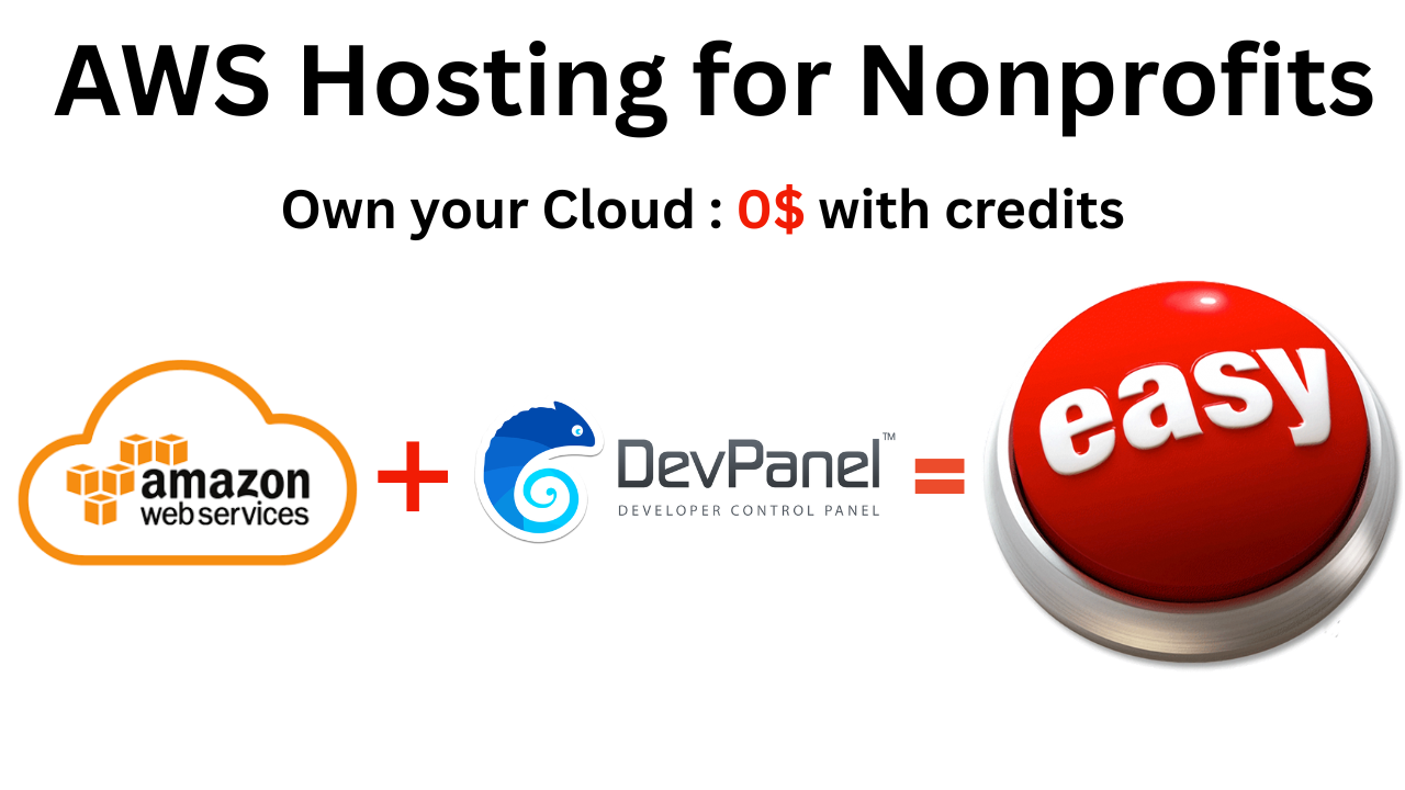 A graphic titled 'AWS Hosting for Nonprofits' with the tagline 'Own your Cloud: 0$ with credits.' It features the Amazon Web Services logo followed by a plus sign, the DevPanel logo, an equals sign, and a large red 'easy' button.