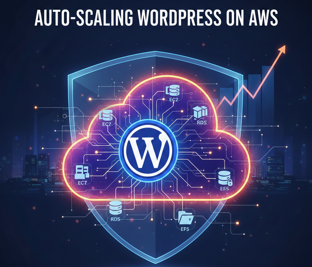 DevPanel logo next to a technical diagram of an auto-scaling WordPress architecture on AWS with cloud, database, and server icons.
