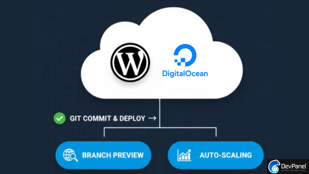 Minimalist graphic for WordPress on DigitalOcean featuring a white cloud containing the WordPress logo and the DigitalOcean water droplet. Below the cloud are blue interactive buttons for "Branch Preview" and "Auto-scaling," with a green checkmark indicating an automated "Git Commit & Deploy" workflow.