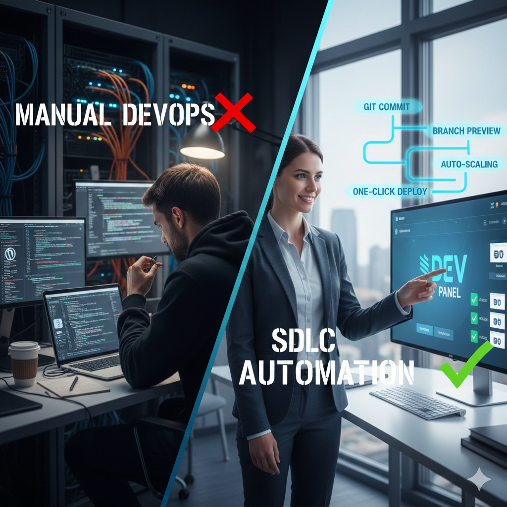 A split-screen comparison of WordPress on DigitalOcean deployment methods: a frustrated developer in a dark room under 'Manual DevOps' with a red 'X' versus a smiling professional using DevPanel’s 'SDLC Automation' with a green checkmark. The automated side features floating UI elements for Git Commit, Branch Preview, and Auto-scaling.