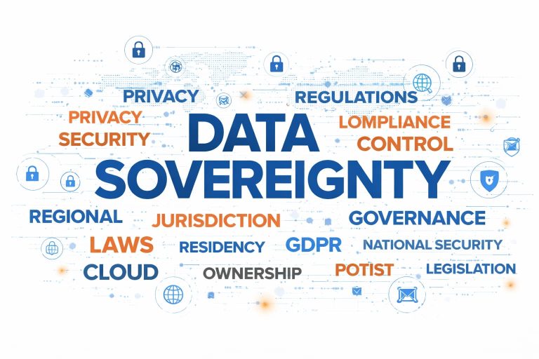 A conceptual 3D visualization of data sovereignty in a server room, comparing "Shared" hosting infrastructure with complex wiring and "Dedicated" hosting infrastructure protected by a glowing digital shield and lock icons, featuring a holographic global map and GDPR compliance checklist in the background.