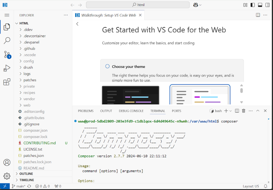 PaaS vs Cloud Hosting in 2026: How To Choose The Right Stack For WordPress On Pantheon Or AWS 4 Screenshot of a browser-based Cloud IDE using VS Code for the Web, showing a terminal with Composer version 2.7.7, a file explorer with project directories, and a 'Get Started' walkthrough, illustrating a zero-setup cloud development environment.