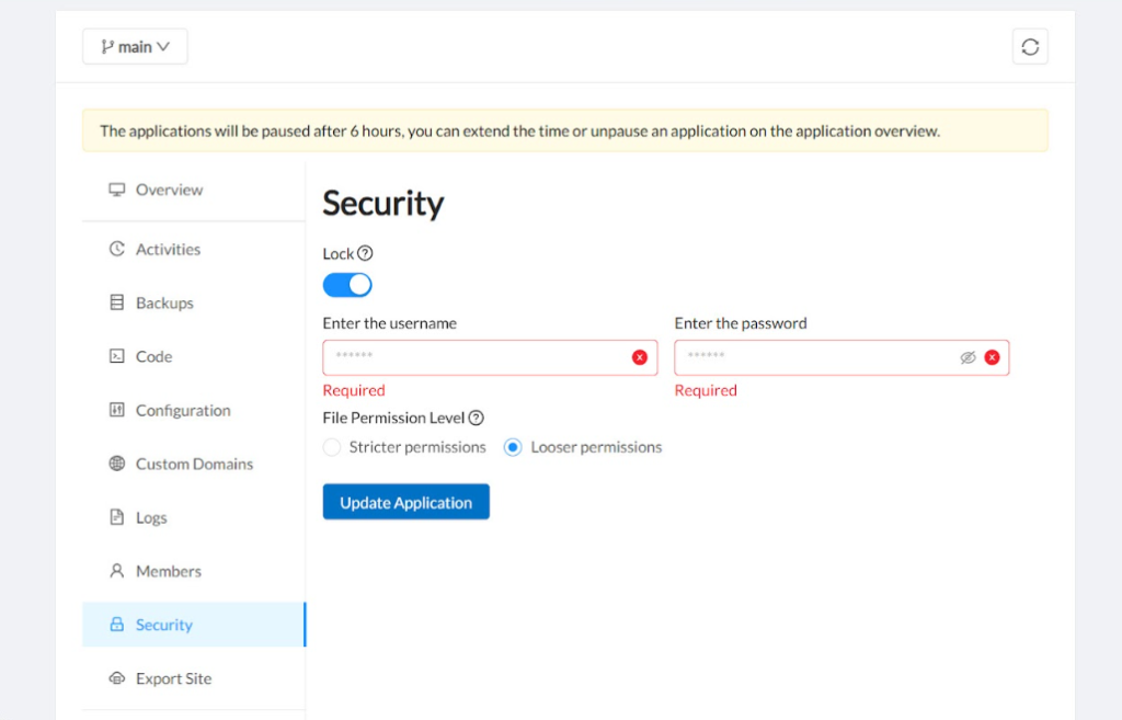 PaaS vs Cloud Hosting in 2026: How To Choose The Right Stack For WordPress On Pantheon Or AWS 5 Screenshot of the DevPanel security settings dashboard showing application lock controls, username and password credential management, and file permission level toggles for enterprise WordPress environments.