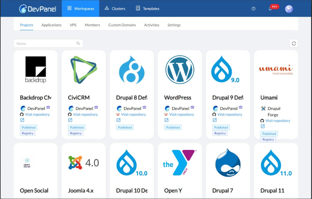 PaaS vs Cloud Hosting in 2026: How To Choose The Right Stack For WordPress On Pantheon Or AWS 6 A screenshot of the DevPanel Workspaces dashboard displaying a variety of pre-configured application templates, including WordPress, Drupal 11, Joomla, and CiviCRM, showcasing how agencies can deploy repeatable, consistent environments with a single click.