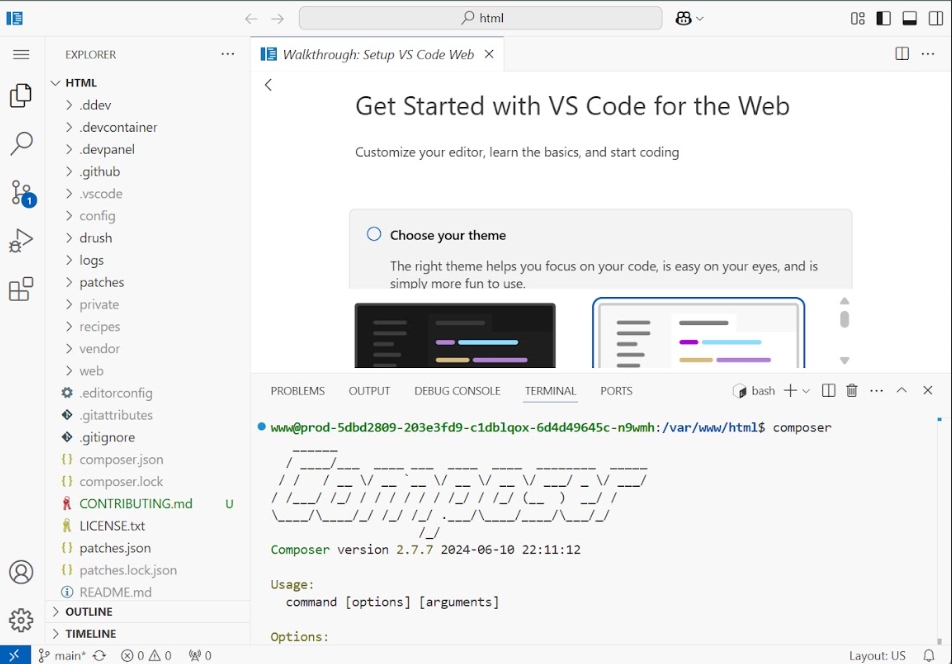 Screenshot of a browser-based Cloud IDE using VS Code for the Web, showing a terminal with Composer version 2.7.7, a file explorer with project directories, and a 'Get Started' walkthrough, illustrating a zero-setup cloud development environment.