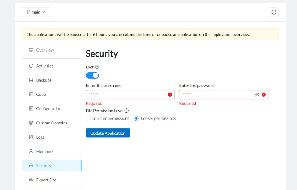Screenshot of the DevPanel security dashboard showing 'Security' settings for a cloud workspace, including an 'Application Lock' toggle, username and password authentication fields, and radio buttons for choosing between stricter or looser file permission levels.