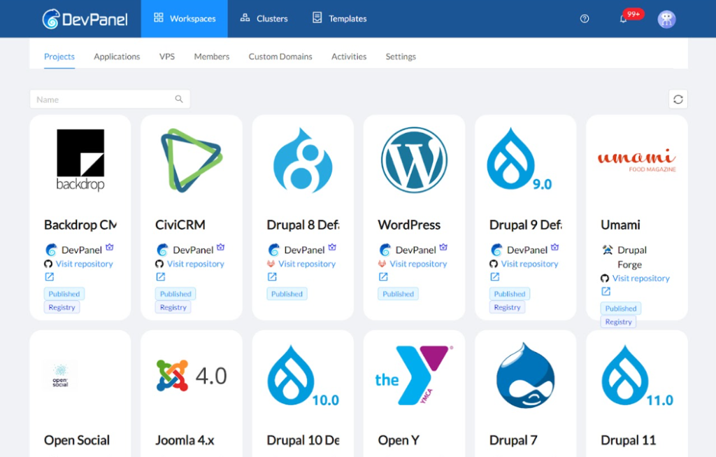 Screenshot of the DevPanel application template library showing a grid of prebuilt stacks including Backdrop CMS, CiviCRM, Drupal 8, WordPress, and Drupal 11, with options to visit repositories and deploy published templates directly to cloud development environments.