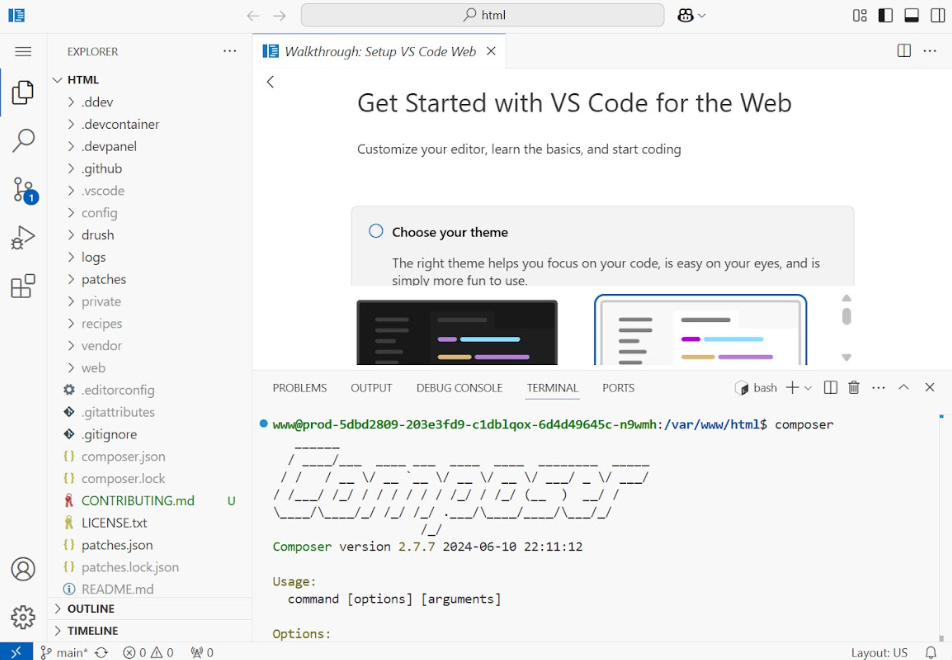 A screenshot of a browser-based VS Code for the Web interface used in Drupal Hosting on Microsoft Azure for Nonprofits. The screen shows a file explorer with Drupal-specific directories, a "Get Started" walkthrough, and an integrated terminal running Composer version 2.7.7, demonstrating the automated developer workflows provided by DevPanel.