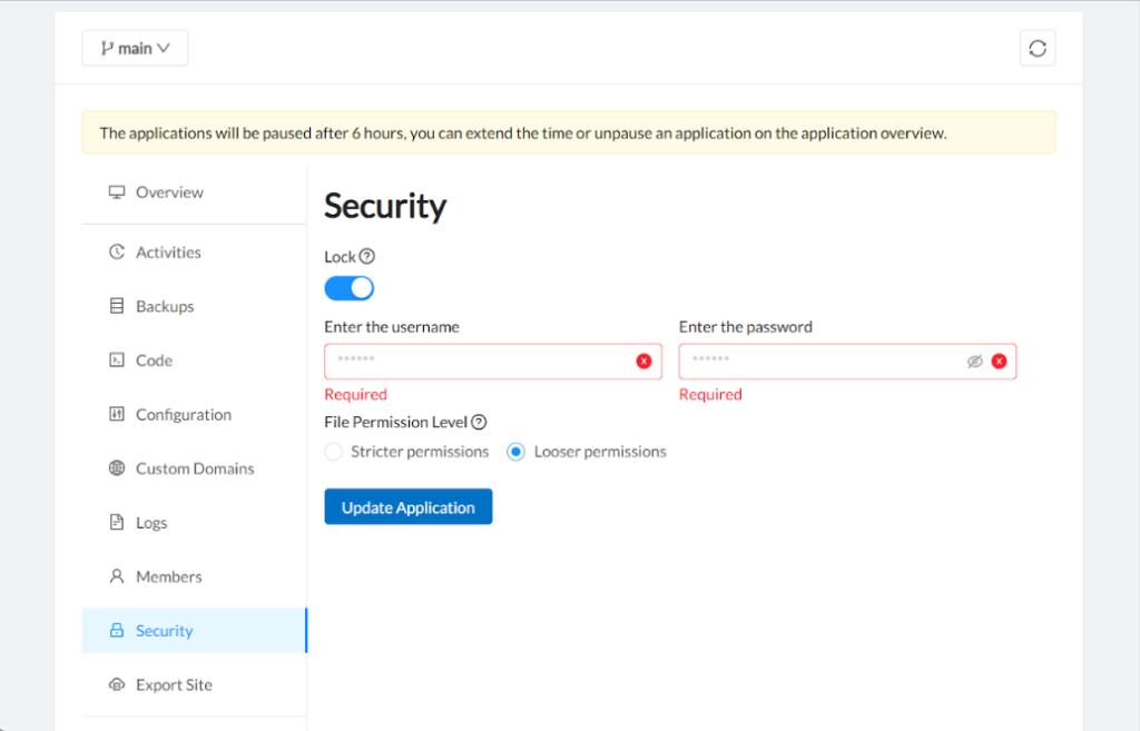 A technical dashboard showing security configuration options for Drupal hosting on Microsoft Azure for nonprofits, including a site lock toggle, username/password fields, and file permission levels to ensure robust data protection.