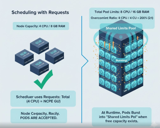 An infographic titled "How Kubernetes Overcommit Works" illustrating the difference between scheduling and runtime resource allocation. The left side shows a "Scheduling with Requests" phase where a 4 CPU node accepts Pods based on their guaranteed capacity. The right side shows an "After" phase with a 200% overcommit ratio, where Pods burst into a "Shared Limits Pool" during runtime when free physical capacity exists.