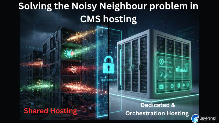 A split-screen illustration comparing shared CMS hosting with high resource contention (left) and dedicated orchestrated CMS hosting with clean, isolated performance metrics (right).