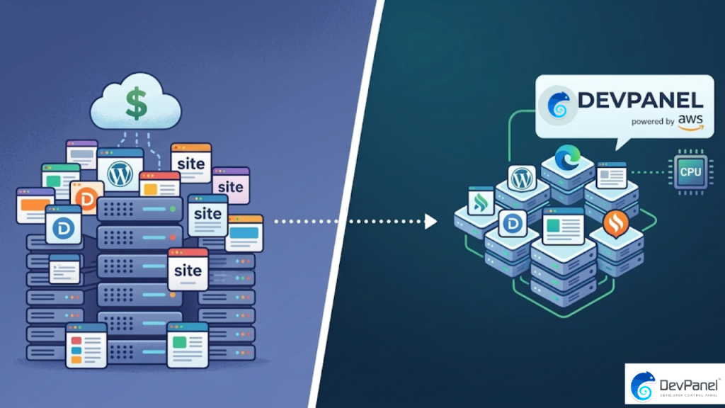 A side-by-side comparison illustration showing, on the left, a disorganized and costly traditional server setup with multiple websites, and on the right, an efficient and automated "DevPanel powered by AWS" cloud infrastructure with streamlined deployment.