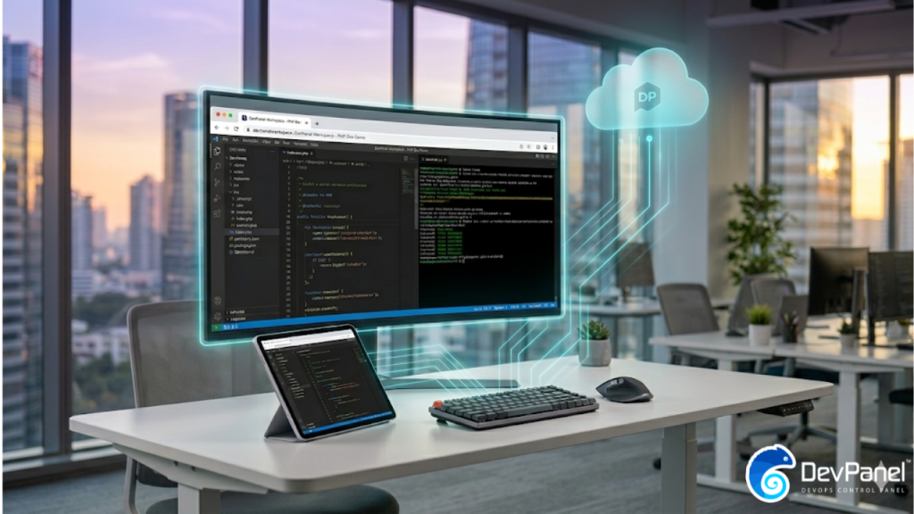 A focused developer in a modern, light-filled 2026 office, wearing a dark blue DevPanel branded t-shirt, using a tablet and an external keyboard to code in a cloud IDE. The connected monitor shows a web browser running a split-screen VS Code editor with syntax-highlighted code and a Linux terminal. A subtle cyan glowing line connects the workspace to a stylized floating cloud icon, symbolizing seamless remote compute and cloud synchronization. Warm natural light from a cityscape sunset illuminates the ergonomic setup. (Featured image for 'What Is a Cloud IDE?')