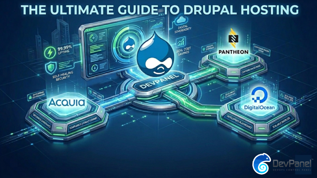 An isometric high-tech infographic illustrating 'The Ultimate Guide to Drupal Hosting'. The central hub features the 'DEVPANEL' console. Network links connect this hub to four hexagonal branching platforms: '99.99% Uptime', 'Self-Healing Security', 'Acquia' (enterprise compliance), 'Pantheon' (container speed), 'DigitalOcean' (developer flexibility), '80% Cost Savings', and 'Digital Sovereignty'. The entire scene is set in a dark blue digital matrix environment.