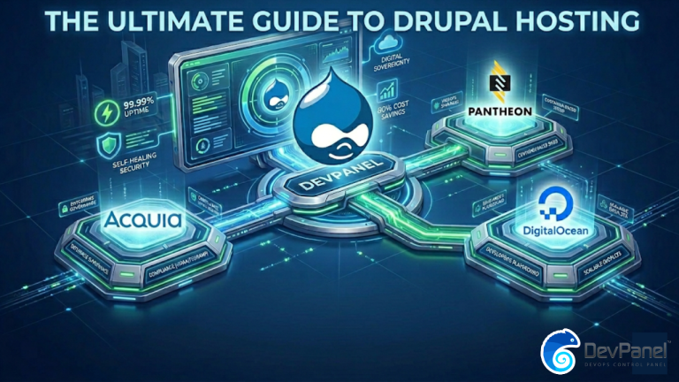 An isometric high-tech infographic illustrating 'The Ultimate Guide to Drupal Hosting'. The central hub features the 'DEVPANEL' console. Network links connect this hub to four hexagonal branching platforms: '99.99% Uptime', 'Self-Healing Security', 'Acquia' (enterprise compliance), 'Pantheon' (container speed), 'DigitalOcean' (developer flexibility), '80% Cost Savings', and 'Digital Sovereignty'. The entire scene is set in a dark blue digital matrix environment.