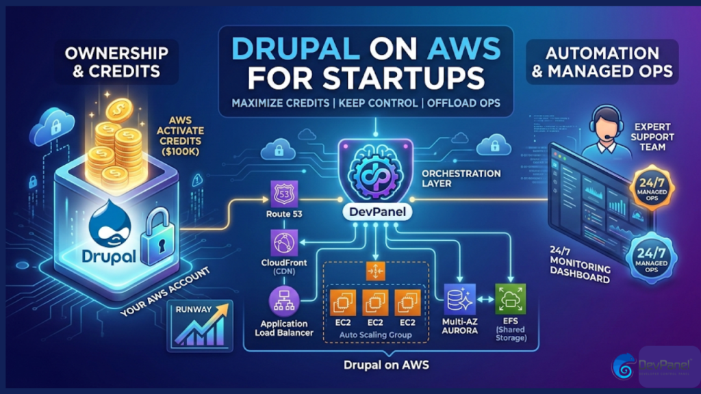 Drupal on AWS for Startups: The "Private PaaS" Strategy to Maximize Credits and Control 2 Infographic explaining how startups use a Private PaaS (like DevPanel) to run Drupal on AWS, maximizing AWS Activate credits while retaining control and offloading 24/7 operations.