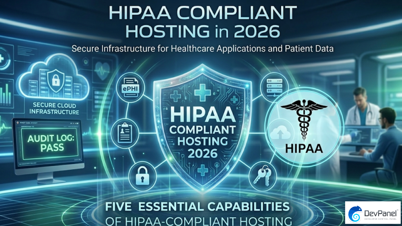 Text) A glowing blue holographic interface displaying 'HIPAA COMPLIANT HOSTING 2026' on a central shield. The screen shows icons for data encryption, audit logs, secure cloud infrastructure, and a medical caduceus logo. In the background, medical professionals work at a futuristic console with the DevPanel logo in the corner.