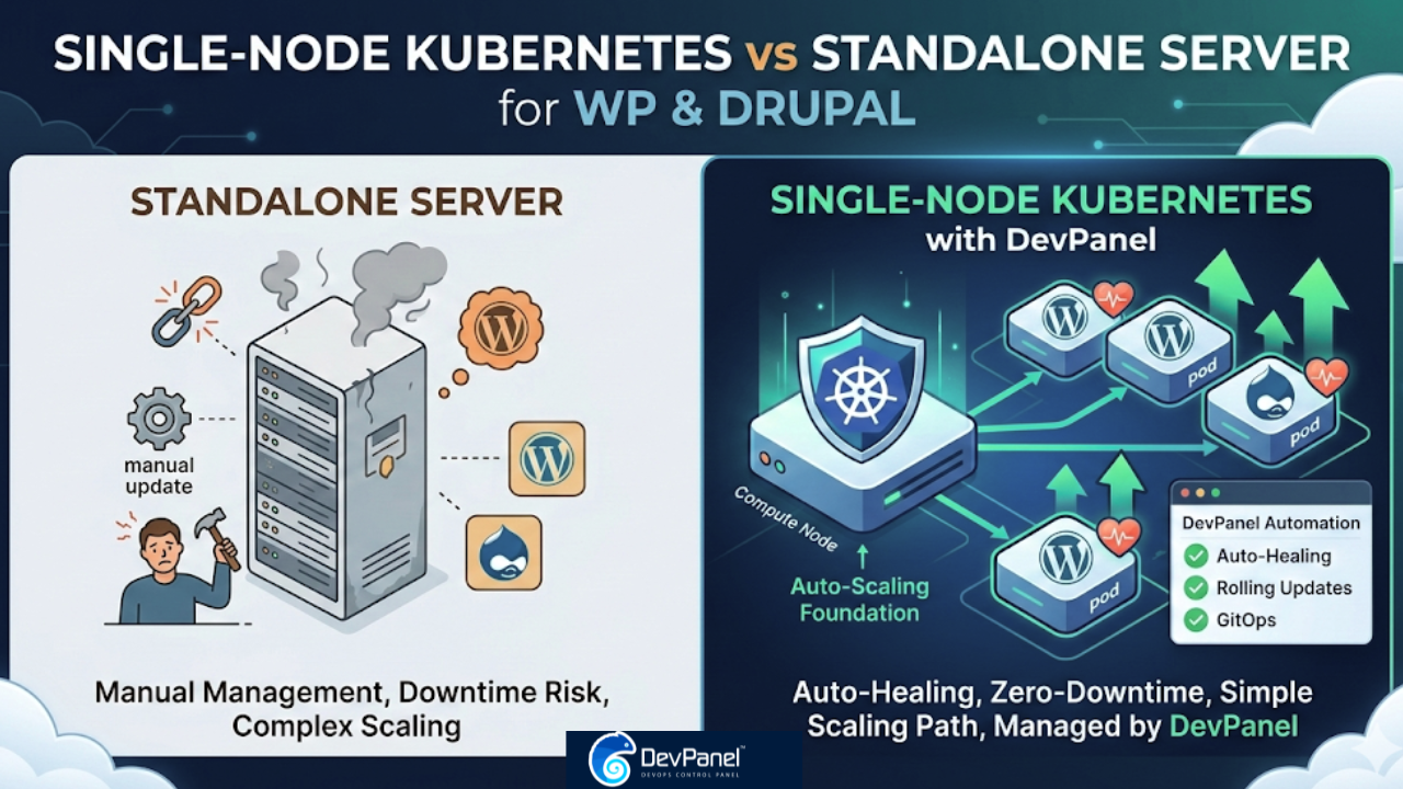 A modern tech infographic comparing traditional 'STANDALONE SERVER' hosting (left) against 'SINGLE-NODE KUBERNETES with DevPanel' (right) for WordPress and Drupal. The standalone side uses muted colors with a distressed, smoking server, distressed icons for manual updates, downtime risks, and complex scaling. The Kubernetes side uses vibrant blues and greens, showing a modern, glowing compute node with organized, blue-green pods for WordPress and Drupal. It highlights automated features like Auto-Healing (heart icon), Auto-Scaling (up arrow), and Rolling Updates (checkmarks), with text: 'Managed by DevPanel' and 'DevPanel Automation'. The small DevPanel logo is at the bottom right.