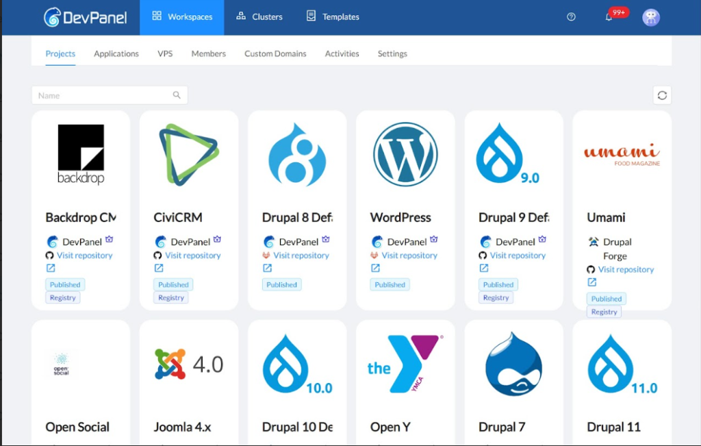 Best WordPress Cloud Hosting Infrastructure: How to Pick Your Perfect Stack in 2026 4 DevPanel dashboard showing preconfigured application templates for WordPress cloud hosting, Drupal, and Joomla to accelerate developer onboarding.