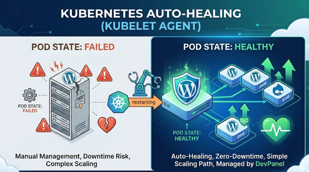 Why Kubernetes on a Single Node Beats Standalone Servers for WordPress & Drupal: A Technical Deep Dive 2 A clean, futuristic blue and teal diagram illustrating Kubernetes Auto-Healing via the Kubelet Agent. The image shows a distressed WordPress pod in a 'Failed' state with warning icons, which is then detected by a Kubelet robot agent that triggers a green, healthy WordPress pod to spin up, accompanied by a heart icon with a steady pulse, confirming the 'Healthy' state.