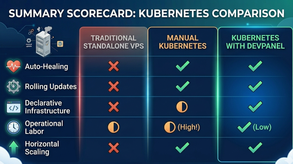 Why Kubernetes on a Single Node Beats Standalone Servers for WordPress & Drupal: A Technical Deep Dive 4 A clear, decisive, modern infographic comparison scorecard chart, building on the visual styles established in image_0.png, image_2.png, image_4.png, and image_6.png. The top title reads "SUMMARY SCORECARD: KUBERNETES COMPARISON". The layout is a modern grid matrix with vertical glowing dividing lines. Three main vertical columns contrast: "TRADITIONAL STANDALONE VPS" (faded red-grey), "MANUAL KUBERNETES" (orange), and "KUBERNETES WITH DEVPANEL" (bright teal/green). Icons representing five horizontal feature rows (Auto-Healing from image_2.png, Rolling Updates from image_0.png, Declarative Infrastructure from image_4.png, Operational Labor, and Horizontal Scaling from image_0.png) intersect the columns. Grid cells contain decisive green checkmarks, orange "half-full" circles (for complex/high-effort), and red cross-out marks, summarizing the features present, complex, or absent for each setup. Background elements use the simplified network grid pattern from image_0.png.