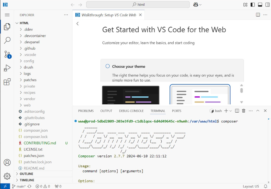DevPanel Cloud IDE interface showing VS Code for the Web with a Linux terminal running Composer and a Drupal-ready project file structure in a browser tab.