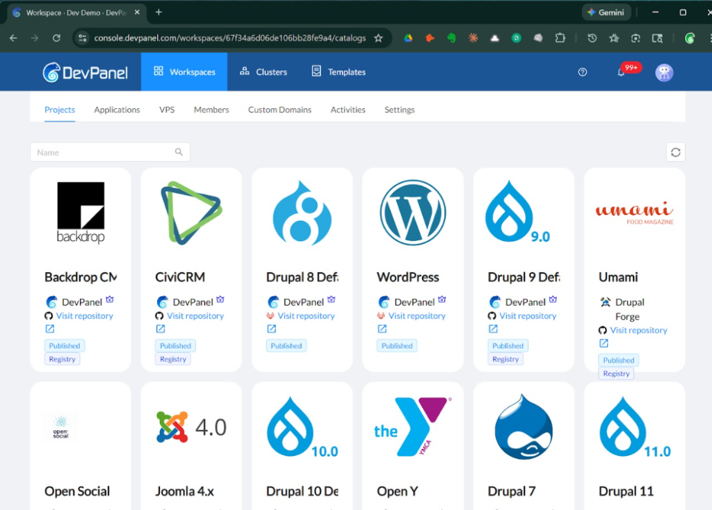 DevPanel Workspace dashboard displaying a catalog of preconfigured cloud IDE templates for Drupal, WordPress, Backdrop CMS, CiviCRM, and Joomla