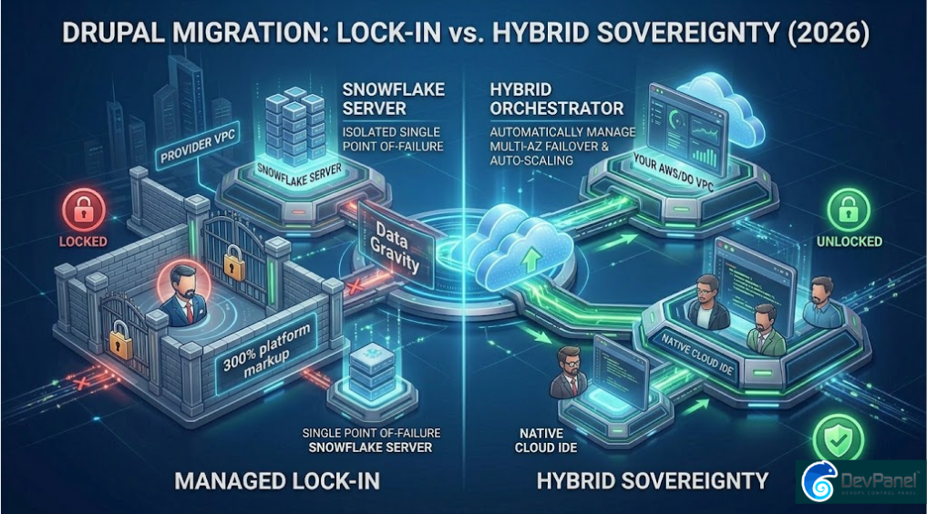 A futuristic 3D infographic, maintaining the dark blue and glowing green aesthetic from image_0.png and image_8.png, split vertically to contrast two scenarios of a Drupal hosting migration. The top title reads: 'DRUPAL MIGRATION: LOCK-IN vs. HYBRID SOVEREIGNTY (2026)'. On the left ('MANAGED LOCK-IN'), a complex walled garden structure labeled 'PROVIDER VPC' is shown. A detailed user icon is trapped behind a locked, massive gate ('300% platform markup'), and a 'Data Gravity' barrier. A single pedestal holds an isolated, single point-of-failure 'SNOWFLAKE SERVER' cluster. A large red 'LOCKED' icon is visible. On the right ('HYBRID SOVEREIGNTY'), a sprawling, open cloud landscape labeled 'YOUR AWS/DO VPC' with multiple, interlinked, glowing platforms is shown. A clean dashboard labeled 'HYBRID ORCHESTRATOR' automatically manages multi-AZ failover and auto-scaling. Multiple detailed developer icons are using interconnected 'NATIVE CLOUD IDEs' via an API pipeline. Large green 'UNLOCKED' and 'OWNERSHIP' icons are present. Energy streams connect all elements, with arrows indicating seamless movement on the right and blockages on the left. The background retains the subtle grid lines, abstract architecture, and light trails consistent with image_0.png and image_8.png. The overall effect is clean, complex, and highly visual.