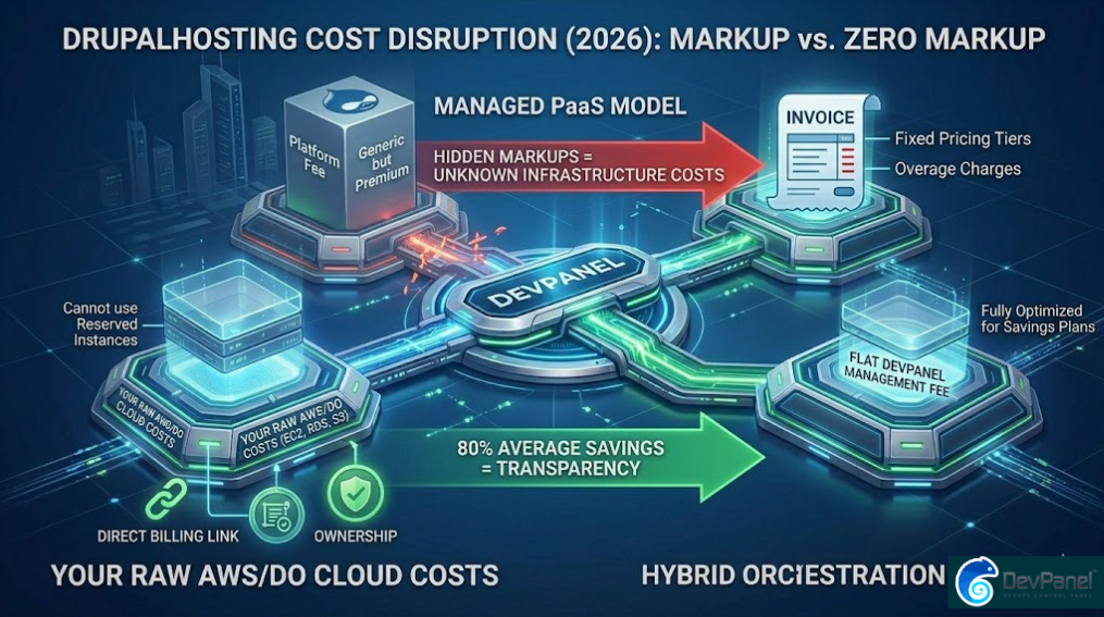 A technical, layered infographic, styled with the dark blue, glowing green, and intricate network connections aesthetic consistent with image_0.png, image_8.png, and image_9.png. The top title is: 'DRUPALHOSTING COST DISRUPTION (2026): MARKUP vs. ZERO MARKUP'. The image is split into two distinct, vertically stacked comparisons. Top Stack (the 'MANAGED PaaS MODEL'): A large, solid, opaque 'Platform Fee' tower, labeled with generic but premium branding, completely obscures the infrastructure details below. A bold red arrow indicates: 'HIDDEN MARKUPS = UNKNOWN INFRASTRUCTURE COSTS'. A stylized invoice icon shows 'Fixed Pricing Tiers' and 'Overage Charges'. A small call-out text notes: 'Cannot use Reserved Instances'. Bottom Stack (the 'HYBRID ORCHESTRATION MODEL'): A transparent, modular tower with two distinct parts. The massive foundation is labeled 'YOUR RAW AWS/DO CLOUD COSTS (EC2, RDS, S3)'. Detailed icons show 'DIRECT BILLING LINK' and 'OWNERSHIP'. A bold green arrow indicates: '80% AVERAGE SAVINGS = TRANSPARENCY'. A thin, clear upper layer is labeled 'FLAT DEVPANEL MANAGEMENT FEE'. A small call-out text notes: 'Fully Optimized for Savings Plans'. Energy beams and complex network lines flow through the bottom model, indicating seamless operation, while they are blocked and fragmented on the top model. The background maintains the subtle grid lines and abstract futuristic architecture, consistent with previous images in the sequence. All text is sharp, legible, and integrated into the overall design.