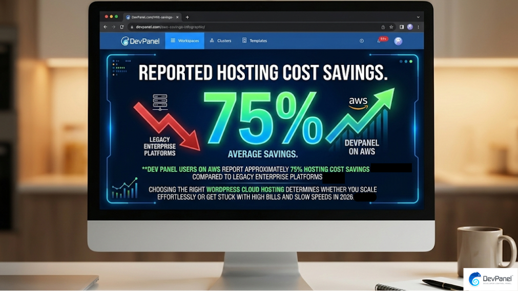 Best WordPress Cloud Hosting Infrastructure: How to Pick Your Perfect Stack in 2026 2 DevPanel reported hosting cost savings graphic highlighting the ROI of choosing AWS infrastructure for wordpress cloud hosting in 2026.