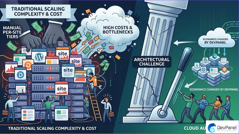An infographic comparing traditional website scaling complexity and cost (left) to the efficiency and cost savings of cloud automation (right). On the left, a frustrated team struggles to manually manage multiple websites with "Manual Per-Site Tiers" and "High Costs & Bottlenecks" labels, while on the right, a unified team easily operates a lever to activate streamlined AWS infrastructure with the label "Economics Changed by DevPanel".