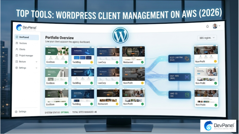 A high-definition image of a curved monitor displaying a professional dashboard interface for "WordPress Client Management on AWS (2026)." The DevPanel logo is visible. The central view shows a grid of multiple client sites (EcoStore, TechBlog, LawCorp, etc.) with healthy green status badges. Complex data streams illustrate active connections and automated workflows. The official blue and white WordPress logo is clearly integrated. The style uses a clean, modern white and electric blue aesthetic.