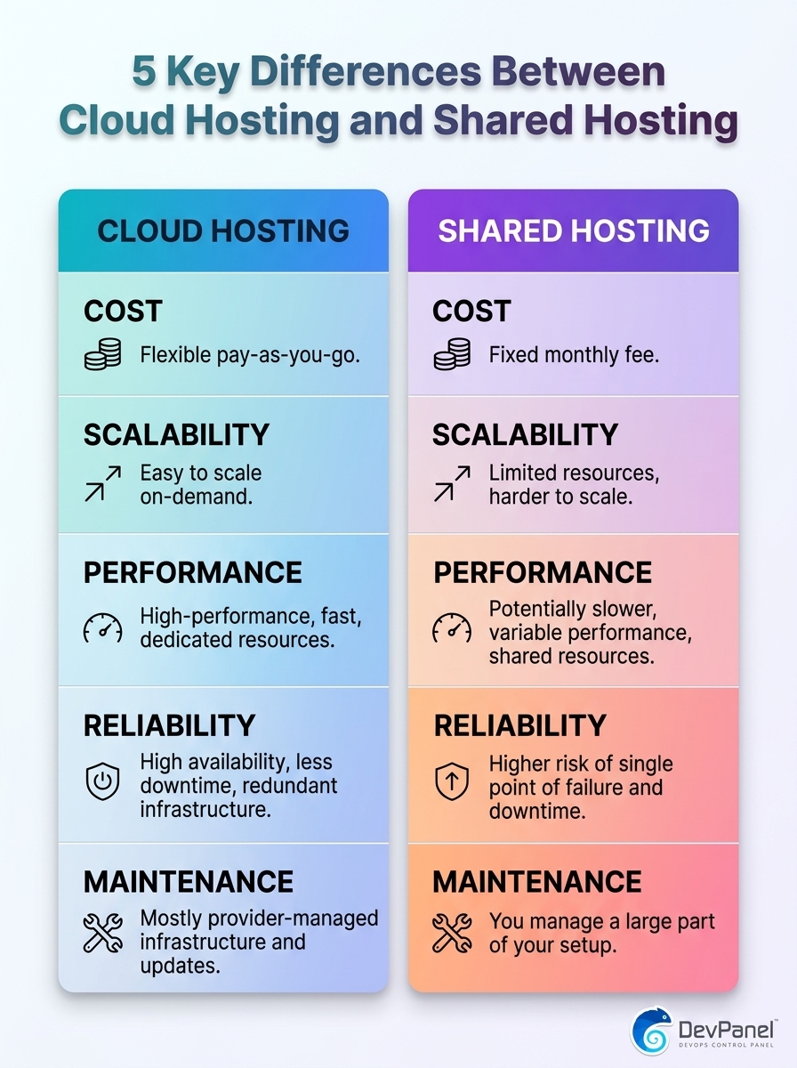 Cloud Hosting vs Shared Hosting: Which Actually Costs You More in 2026? 4 Infographic comparing cloud hosting vs shared hosting: 5 key differences in scalability, cost, reliability, and performance.