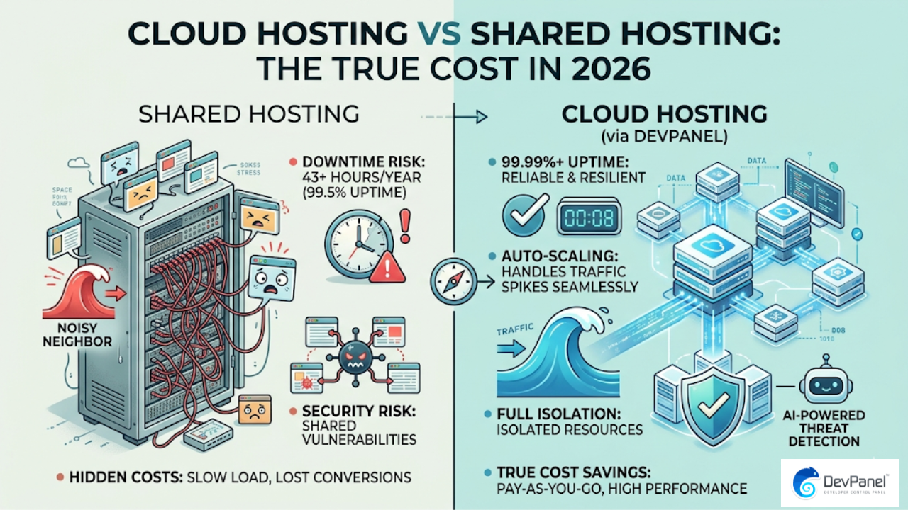 An infographic comparing 'Cloud Hosting vs Shared Hosting: The True Cost in 2026.' The left side illustrates 'Shared Hosting' using a messy server rack with 'Noisy Neighbor' traffic slowing a site, 99.5% uptime risk (43+ hours downtime), and shared security vulnerabilities. The right side shows 'Cloud Hosting (via DevPanel)' using a sleek, resilient network with 99.99%+ uptime, seamless auto-scaling for traffic spikes, full resource isolation, AI-powered threat detection, and true pay-as-you-go cost savings.