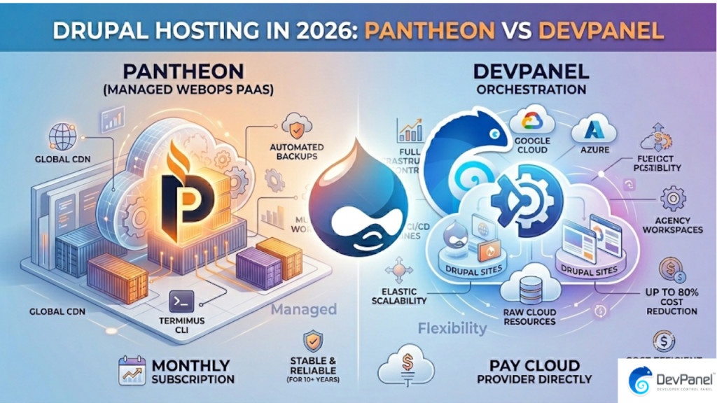 Comparison chart for Drupal Hosting in 2026 showing Pantheon (Managed WebOps PaaS) and DevPanel (Hybrid Cloud Orchestration). The left side lists Pantheon features like Global CDN, Terminus CLI, and automated backups. The right side shows DevPanel with full infrastructure control, custom CI/CD pipelines, and up to 80% hosting bill reduction, indicating it acts as an orchestration layer for cloud providers like AWS, Google Cloud, and Azure. The central image includes the Drupal logo and a small chameleon mascot for DevPanel.