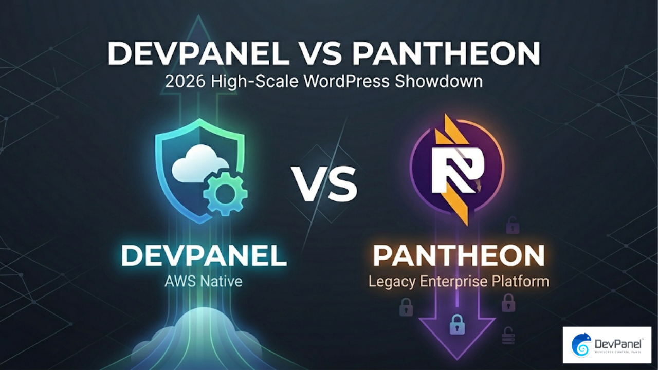 A minimalist comparison of DevPanel vs Pantheon for WordPress hosting, showing DevPanel with an upward growth arrow and Pantheon with a downward arrow.