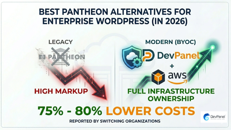 Infographic comparing legacy Pantheon hosting to the modern DevPanel on AWS BYOC model for Enterprise WordPress. The image shows a declining red arrow indicating "High Markup" for Pantheon, contrasted with a rising green arrow for DevPanel/AWS indicating "Full Infrastructure Ownership" and "75% - 80% Lower Costs" based on reported switching organizations. The title reads "Best Pantheon Alternatives for Enterprise WordPress (in 2026)