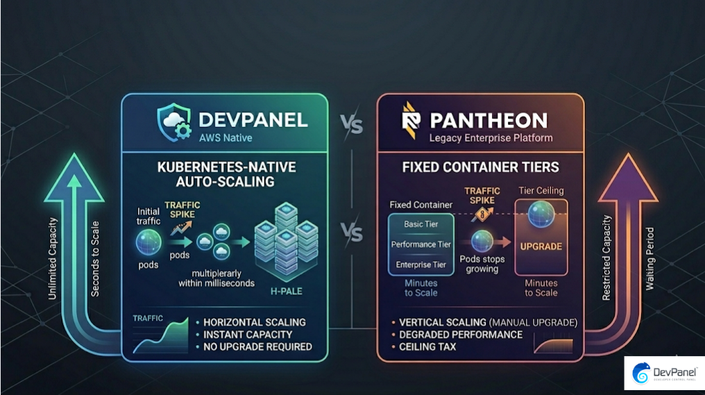 A side-by-side comparison of WordPress auto-scaling for DevPanel vs Pantheon, showing DevPanel’s horizontal Kubernetes pods multiplying automatically while Pantheon's fixed containers hit a tier ceiling.